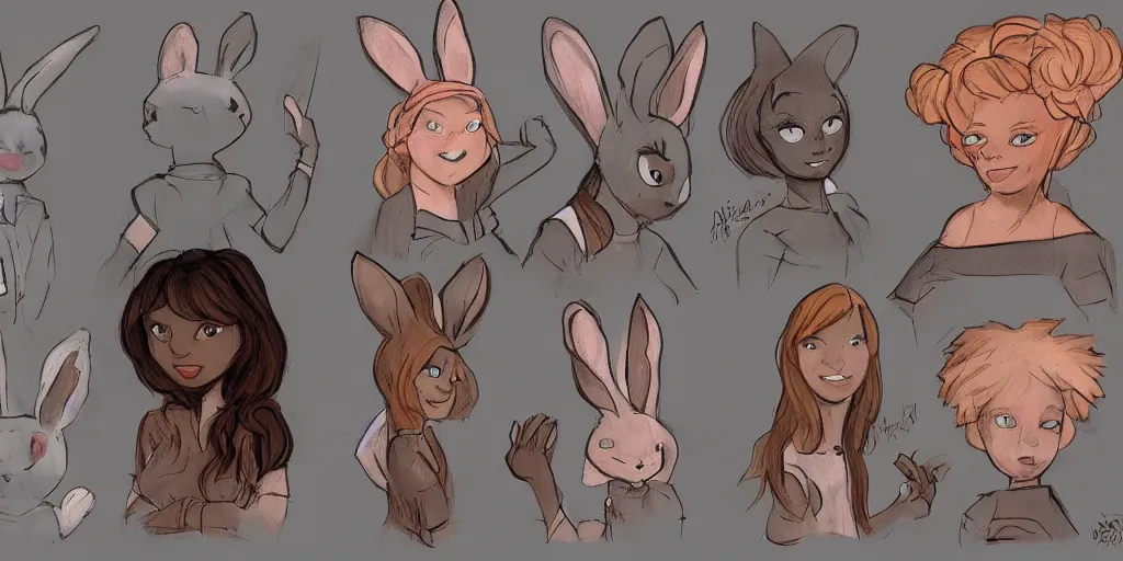 Prompt: women, dark skin, ginger, cartoon, sweatshirt, concept art, concept art, bunny ears,