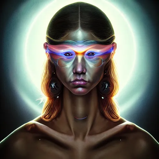 Image similar to Colour Caravaggio style Photography of Beautiful woman with highly detailed 1000 years old face wearing higly detailed sci-fi halo above head designed by Josan Gonzalez. Woman wearing sci-fi dress , Many details . In style of Josan Gonzalez and Mike Winkelmann andgreg rutkowski and alphonse muchaand Caspar David Friedrich and Stephen Hickman and James Gurney and Hiromasa Ogura. volumetric natural light