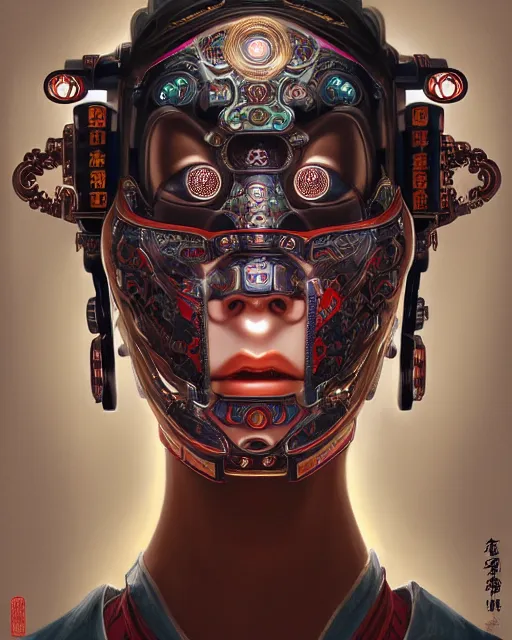 Image similar to portrait of a cyberpunk machine, machine face, upper half portrait, decorated with chinese opera motifs, asian, fine china, traditional chinese art, intricate, elegant, highly detailed, symmetry, headpiece, digital painting, artstation, concept art, smooth, sharp focus, illustration, art by artgerm and greg rutkowski and alphonse mucha, 8 k