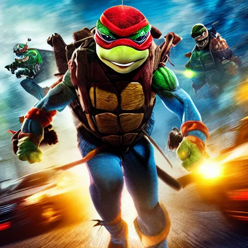 Image similar to teenage mutant ninja turtle, epic action movie poster, hyper realistic award winning photography, epic volumetric lighting, colorful, stunning glowing eyes