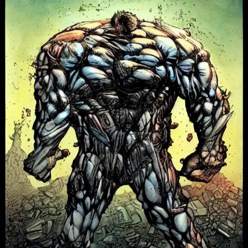 Prompt: by Simon Bisley, a cybernetically enhanced man on steroids growing out of an organic wall made of sinew and flesh