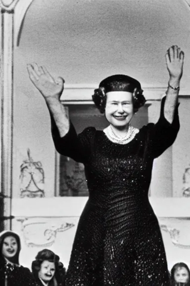 Image similar to queen Elizabeth smiling and waving while on fire