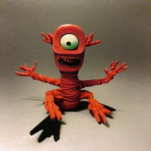 Image similar to creepy creature toy from a bad 90s commercial, vhs footage