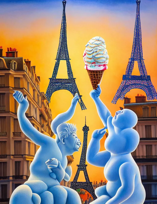 Prompt: a highly detailed and realistic painting of a dancing ice sculture eiffel tower in paris with melting ice cream of the paris skyline on a very sunny bright summer sunset day, very hot and the ice is melting fast and people are swimming in the icecream in the style of james jean and botero