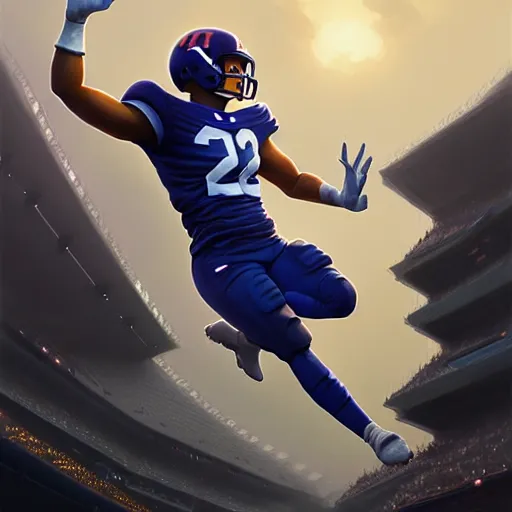 Image similar to highly detailed portrait of saquon barkley towering over a football stadium, unreal engine, fantasy art by greg rutkowski, loish, rhads, ferdinand knab, makoto shinkai and lois van baarle, ilya kuvshinov, rossdraws, tom bagshaw, global illumination, radiant light, detailed and intricate environment h 6 0 4