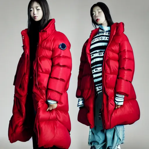 Prompt: extremely beautiful photograph of a young pretty korean woman wearing huge oversized very baggy large puffer jacket in the style of vetements, well lit, studio lighting, glossy, vogue, very realistic and beautiful fashion photography, moncler genius, balenciaga, yeezy, kanye west, balenciaga, vetements