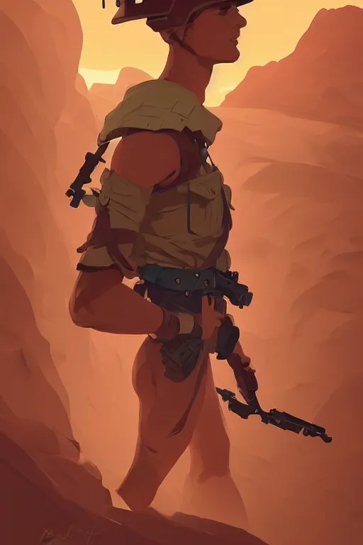 Image similar to desert soldier, smooth face, centered, solid bacgkround, median photoshop filter cutout vector behance, hd by artgerm, jesper ejsing, by rhads, makoto shinkai and lois van baarle, ilya kuvshinov, rossdraws, illustration, art by ilya kuvshinov and gustav klimt