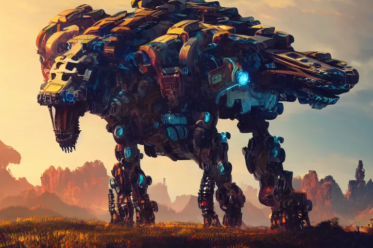 Image similar to snapmaw machine mecanical creature robot of horizon forbidden west horizon zero dawn radiating a glowing aura global illumination ray tracing hdr fanart arstation by ian pesty and alena aenami artworks in 4 k