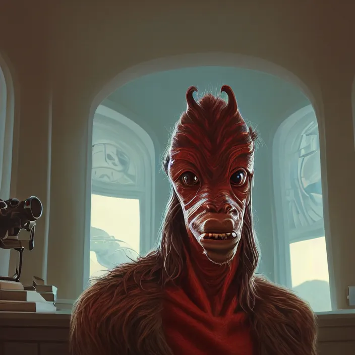 Image similar to portrait of jar jar binks in the oval office. intricate abstract. intricate artwork. by tooth wu, wlop, beeple, dan mumford. octane render, trending on artstation, greg rutkowski very coherent symmetrical artwork. cinematic, hyper realism, high detail, octane render, 8 k, iridescent accents