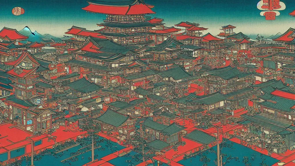 Prompt: futuristic japanese city, highly detailed beautiful ukiyo - e,