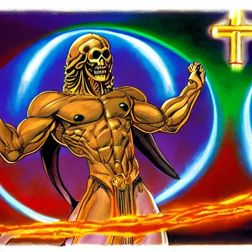 Image similar to masters of the universe, skeletor destroying sacred rainbow gates covered in illuminated Hebrew hieroglyphics