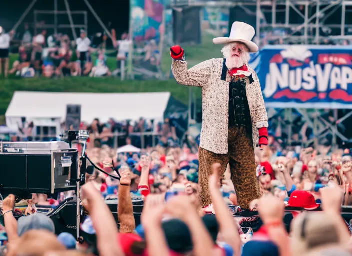 Image similar to photo still of the quaker oats man on stage at vans warped tour!!!!!!!! at age 5 5 years old 5 5 years of age!!!!!!! tossing oatmeal to the crowd, 8 k, 8 5 mm f 1. 8, studio lighting, rim light, right side key light