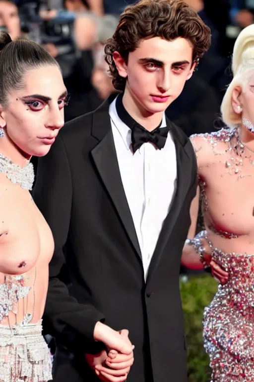 Image similar to timothee chalamet and lady gaga holding hands on the red carpet, beautiful detailed faces