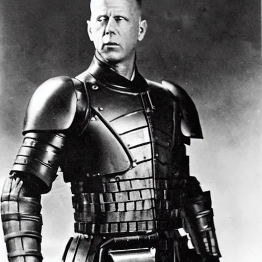 Image similar to old black and white photo, 1 9 1 3, depicting bruce willis in combat armor with guns, historical record, volumetric lights