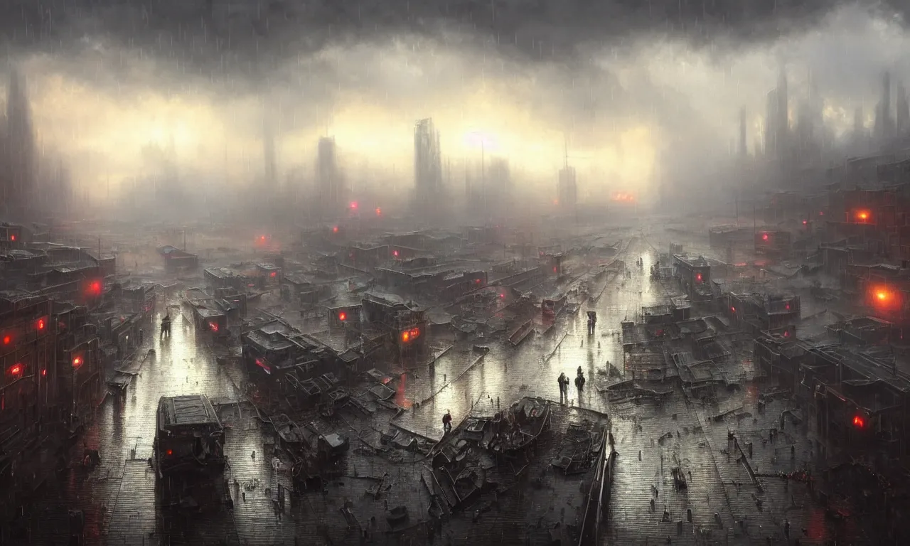 Prompt: A landscape with a dystopian city, rain, puddles, oil, people are talking in the foreground, volumetric lighting, ray lighting from top of frame, crepuscular ray lighting from above, dynamic lighting, muted colors, by Greg rutkowski, thomas kinkade, Andreas rocha, john howe, pixar, f16, hd