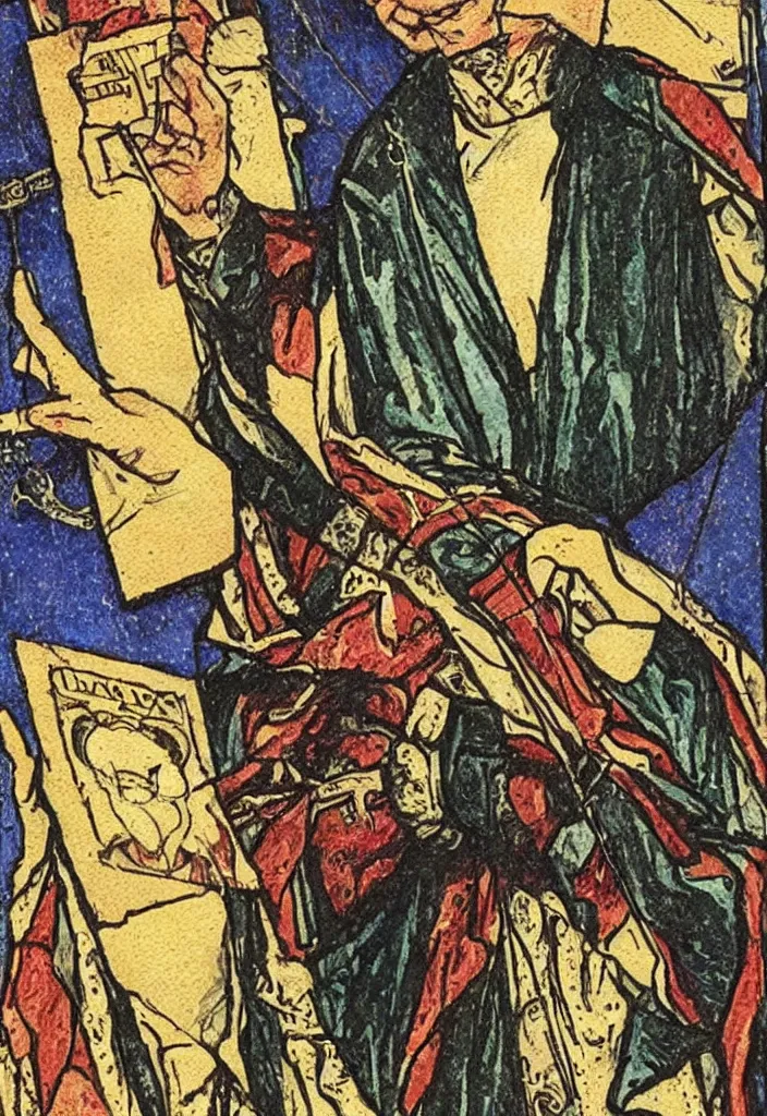 Image similar to Yoshua Bengio smiling on the Tarot card. Illustration by preraphaelists.