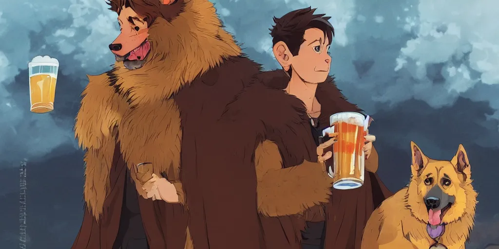 Image similar to a two german shepherds beast - men, holding a mug of beer, a lot of pockets, fur cape, tavern background, magical, bright, colorful, fantastic lighting, amazing details, 4 k uhd, illustration by hayao miyazaki and makoto shinkai and ilya kuvshinov, artstation, pixiv,