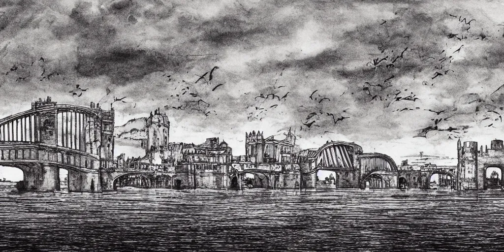 Image similar to pen and ink illustration, ancient London, city buildings on top of tall bridge structure, over the ocean, tall arches, fading off to the horizon, steam punk, artstation