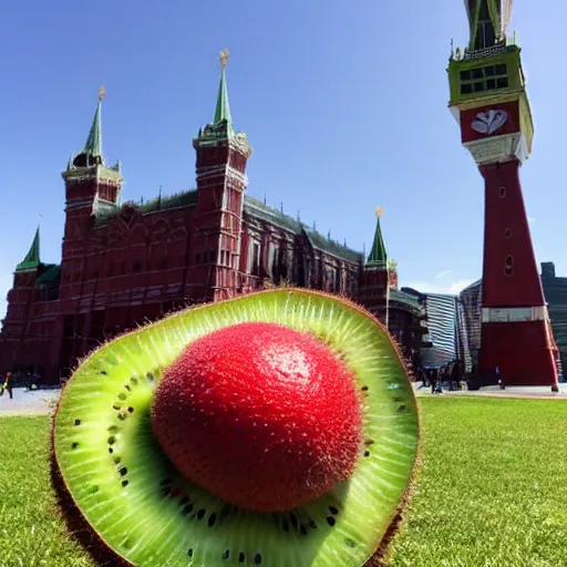 Image similar to photo giant kiwi fruit standing on red square