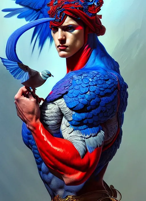 Image similar to portrait of aggressive pigeon humanoid, d & d, muscular! blue and red, fantasy, intricate, elegant, highly detailed, digital painting, artstation, concept art, smooth, sharp focus, illustration, art by artgerm and greg rutkowski and alphonse mucha