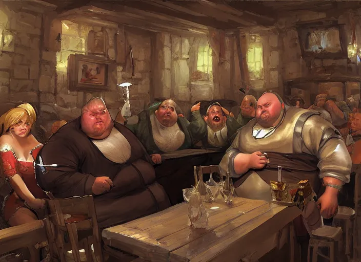 Image similar to medieval obese kingpin sitting in a tavern with his thugs, drinking and cheering, elegant, digital painting, concept art, smooth, sharp focus, illustration, from starcraft by ruan jia and mandy jurgens and artgerm and william - adolphe bouguerea