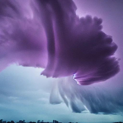 Prompt: amazing photo of a purple clouds in the shape of a tornado, digital art, beautiful dramatic lighting