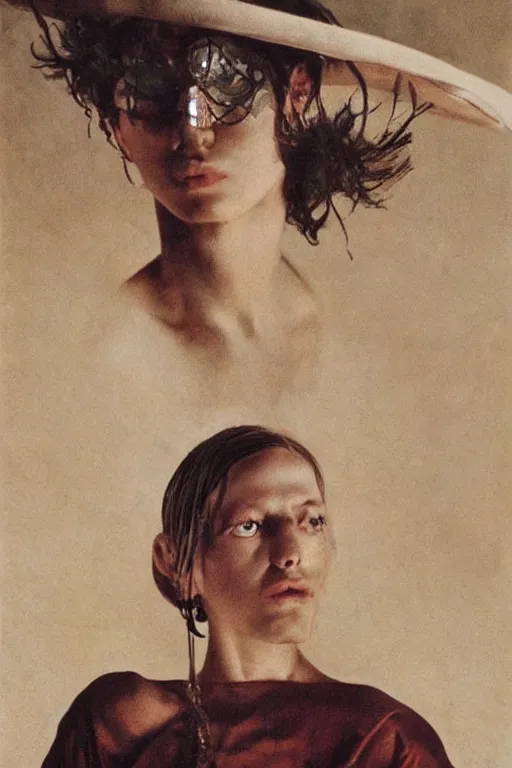 Image similar to hyperrealism fashion portrait close-up by Roversi photo from The Holy Mountain by Alejandro Jodorowsky in style of Francisco Goya