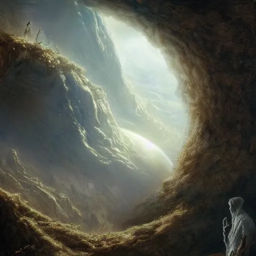 Prompt: hollow earth incredible ethereality insane hyperrealism photo - realistic lifelike photography detail incredible beautiful hollow earth scenery and landscapes, huge opening in the sky with stairs leading to it, by gustave dore and james gurney artstation 8 k