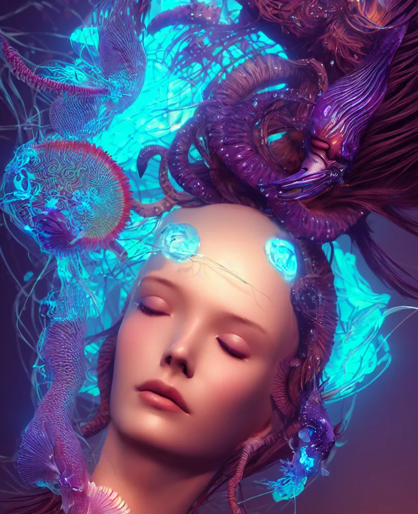 Image similar to goddess close-up portrait. orchid jellyfish phoenix head, nautilus, skull, betta fish, bioluminiscent creatures, intricate artwork by Tooth Wu and wlop and beeple. octane render, trending on artstation, greg rutkowski very coherent symmetrical artwork. cinematic, hyper realism, high detail, octane render, 8k