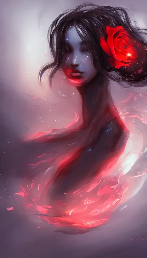 Image similar to 'Portrait of Beautiful faceless female elemental made of black fire, looking sideways, with no face, with red halo glowing out of her wrists, growing out of a giant rose, rose petals flying in the wind, fantasy, d&d, tragic, tense, digital painting, artstation, indieground, concept art, sharp focus, by Annie Swynnerton and Nicholas Roerich, madness combat, strong dramatic cinematic lighting , blood red sky, grey skin, smooth, sharp focus, extremely detailed, illustration, art by greg rutkowski, dave kendal, Godmachine, alphonse mucha''