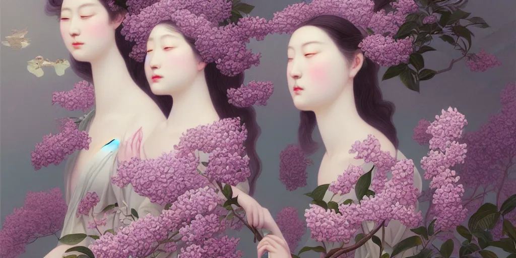 Prompt: reathtaking detailed concept art painting blend of two goddess of lilac flowers by hsiao ron cheng, vintage illustration pattern with bizarre compositions blend of flowers and plants and birds by beto val and john james audubon, exquisite detail, extremely moody lighting, 8 k