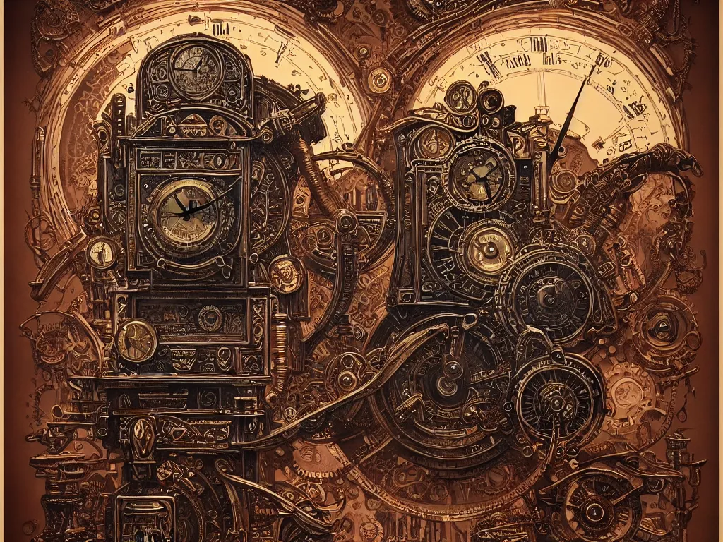 Image similar to ornate steampunk time machine, high details, intricately detailed, by vincent di fate, inking, lineart, 3 color screen print, masterpiece, trending on artstation,, sharp, details, hyper - detailed, hd, 4 k, 8 k