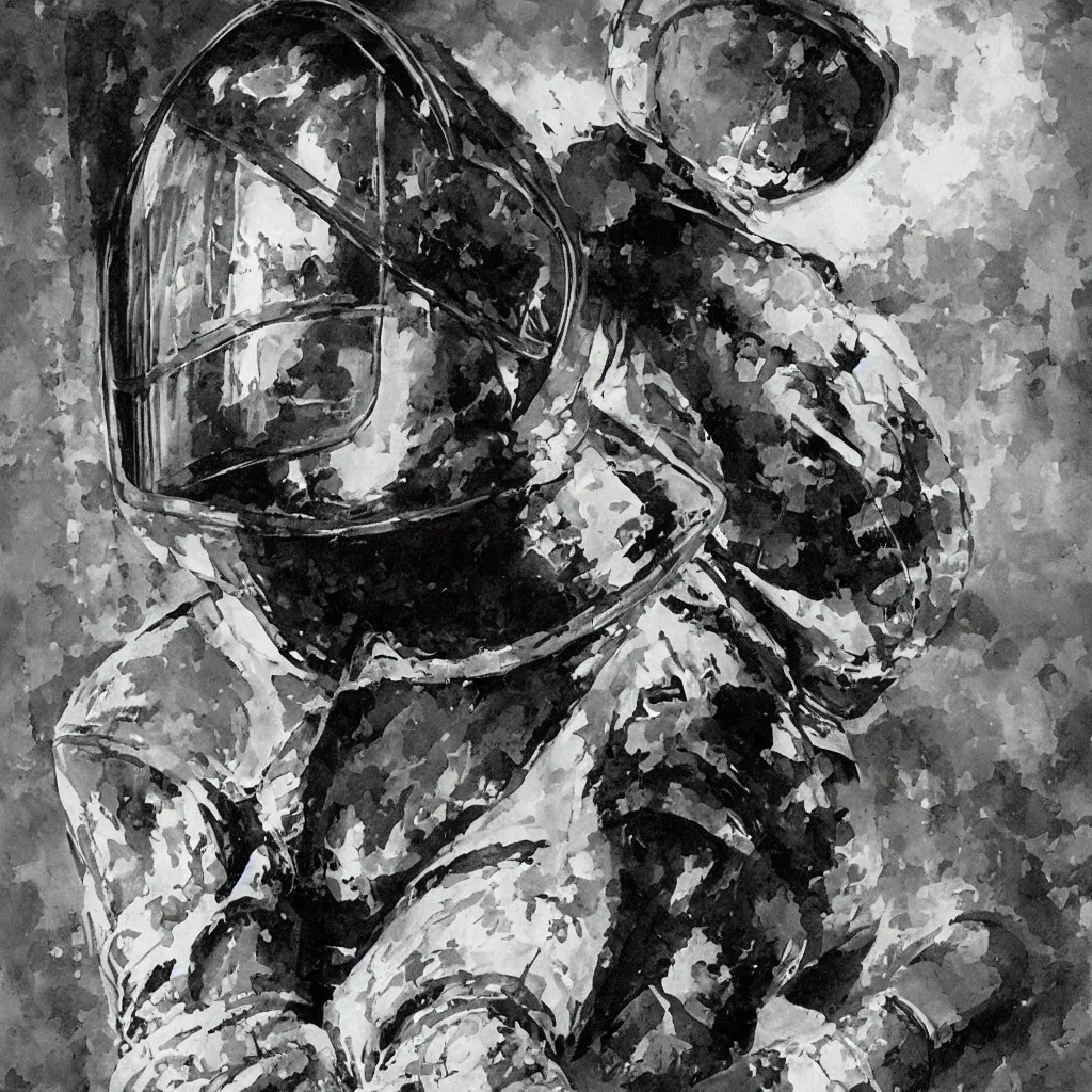 Prompt: portrait of a scientist in a hazmat suit entering the geometric dimensional gateway by frank frazetta