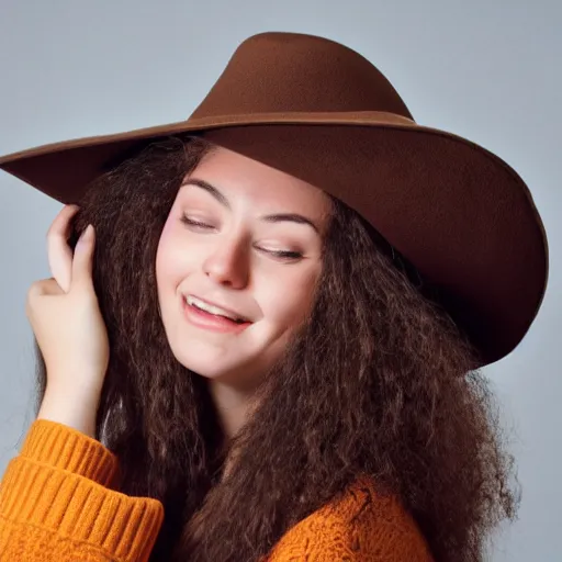 Prompt: portrait of 2 2 - year - old woman with angle looking away, happy women, brown hat, hair comes out of the hat a little