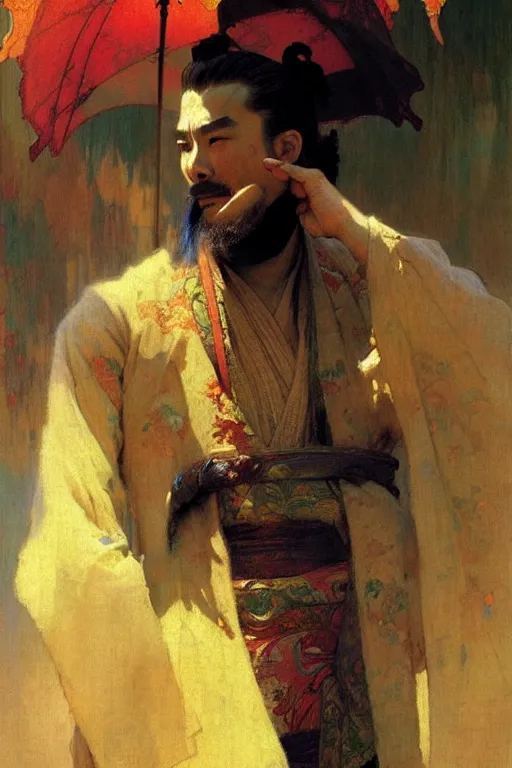 Image similar to attractive man, ming dynasty, cool colors, painting by gaston bussiere, craig mullins, greg rutkowski, alphonse mucha