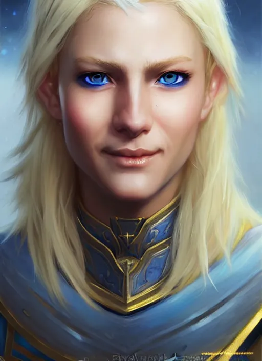 Prompt: a _ fantasy _ style _ portrait _ painting _ of shy white female paladin with blonde hair and blue eyes friendly smile, scar under left eye, holy oil _ painting _ unreal _ 5 _ daz. _ rpg _ portrait _ extremely _ detailed _ artgerm _ greg _ rutkowski _ greg