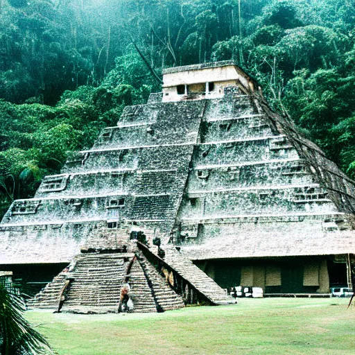 Image similar to mayan pyramids in a jungle next to a camp with tents, photorealistic, highly detailed, photo, cinestill