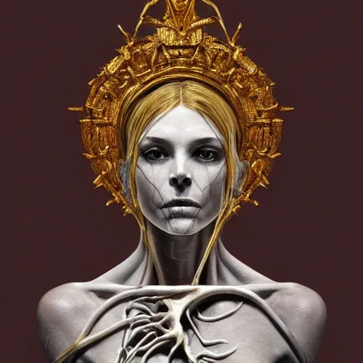 Image similar to portrait of Hecate as a marble statue skeleton, greek mythology, gold crown and filaments, visible fossilized arteries and bones and veins and spine and muscles and nerves, intricate, headshot, highly detailed, digital painting, artstation, concept art, sharp focus, cinematic lighting, illustration, art by artgerm and greg rutkowski, alphonse mucha, cgsociety, chiaroscuro