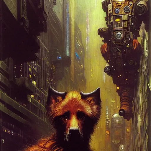 Image similar to portrait german dogman canine nerd neuromancer. spaceship futuristic city. shadowrun cyberpunk fantasy d & d painting by gaston bussiere craig mullins jc leyendecker gustav klimt artgerm greg rutkowski john berkey, bergey, craig mullins, ruan jia, raymond swanland, tom lovell