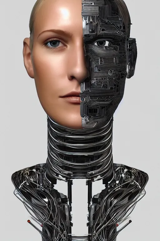 Image similar to robot with human face, female head, full body angle, woman human face, human face realistic, beautiful blonde hair, human head, human head with blonde hair, blonde hair human head, blonde hair, human realistic face, human head skin, cyborg frame concept, cyborg by ales-kotnik, sci-fi android female, the body is made of wires, robotic body, cyborg body, cyborg bust body, robot body cyborg, full body