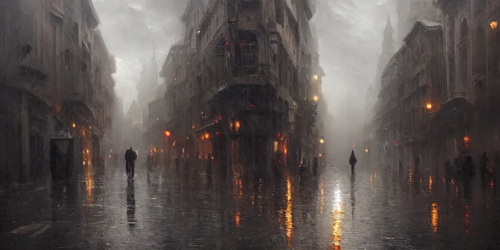 Image similar to an oil painting of a downpour in the middle of the street of a medieval city, moody lighting, fog, dark fantasy, by greg rutkowski, trending on artstation