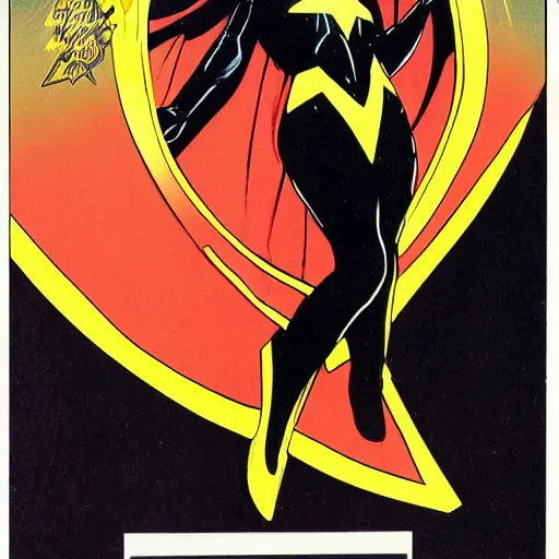 Image similar to 1 9 8 0's superheroine in black with golden trim, a long cape, platinum blood hair in a heroic pose in the style of dave gibbons