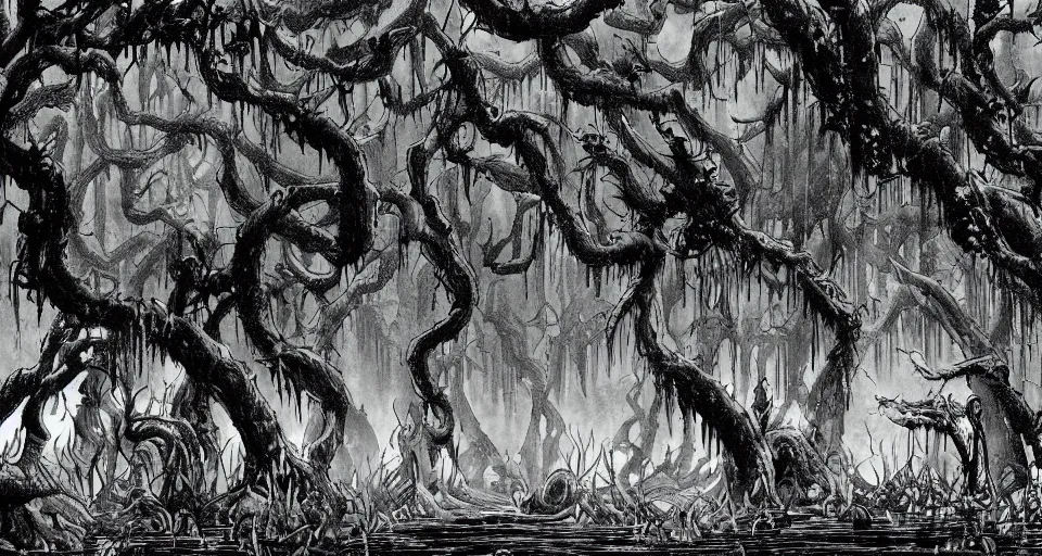 Image similar to A dense and dark enchanted forest with a swamp, from Berserk