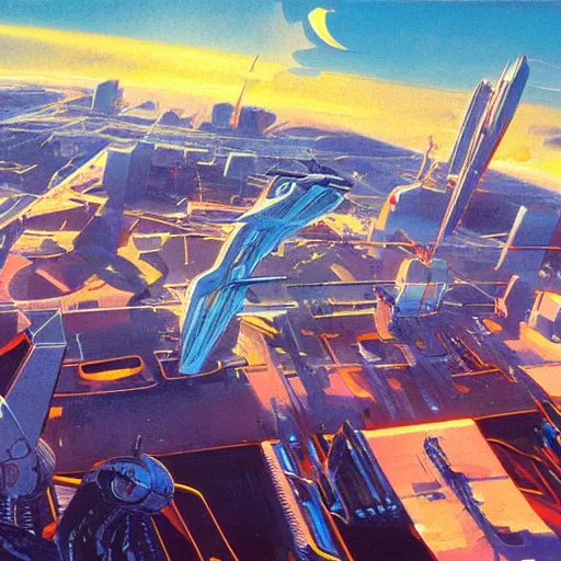 Image similar to aerial view of a science-fiction cityscape, cinematic angle, cinematic lighting, blue sky, sun in the sky, by Syd Mead, John Harris, Federico Pelat