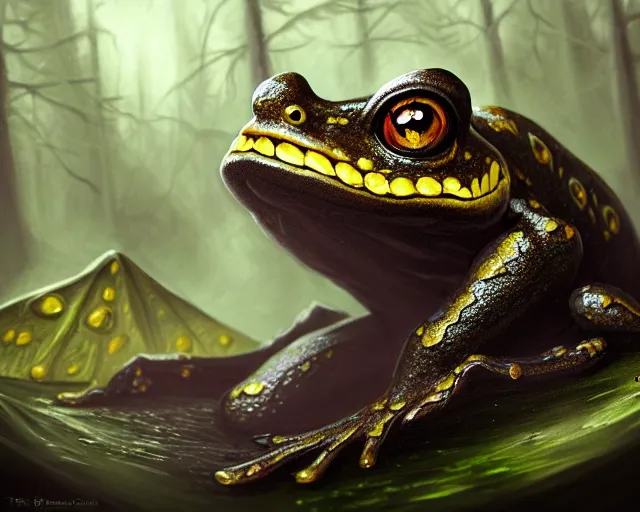 Image similar to black frog with deep big yellow eyes, deep focus, d & d, fantasy, intricate, elegant, highly detailed, digital painting, artstation, concept art, matte, sharp focus, illustration, hearthstone, art by tiger tiger tiger