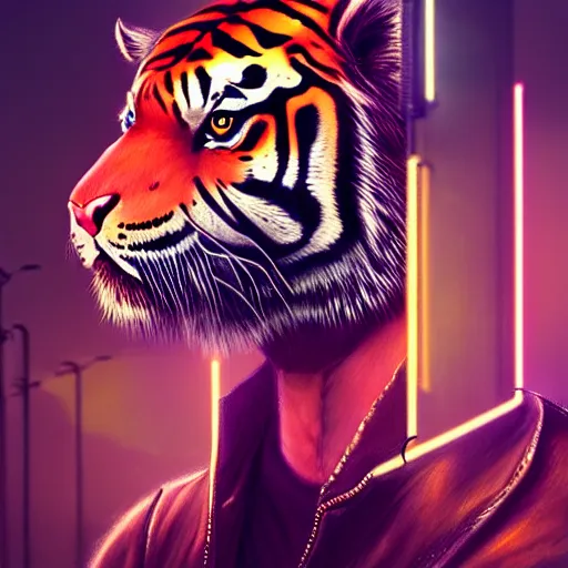 Image similar to a beautfiul award winning commission portrait of an anthro tiger in the neon cyberpunk city at night,wearing a leather jacket,glow effect,detailed face,photorealistic,character design by charles bowater,ross tran,deviantart,artstation,digital art,hyperdetailed,realistic,western comic style,vfx,dramatic,2021