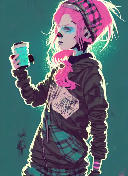 Image similar to highly detailed portrait of a sewer punk lady student, blue eyes, tartan hoody, pink hair by atey ghailan, by greg rutkowski, by greg tocchini, by james gilleard, by joe fenton, by kaethe butcher, gradient green, black, brown and magenta color scheme, grunge aesthetic!!! ( ( graffiti tag wall background ) )