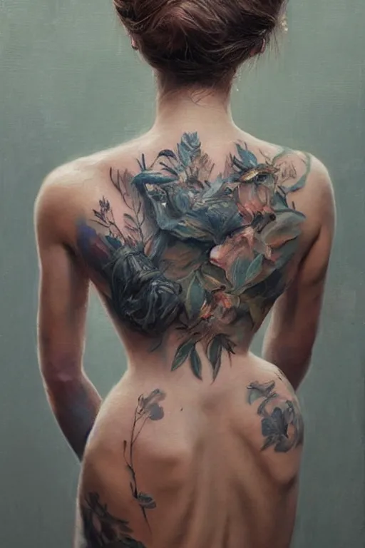 Prompt: girl with messy bun hairstyle, strapless top, back view,!!!!! tattoo sleeve!!!!! jeremy lipking, joseph todorovitch