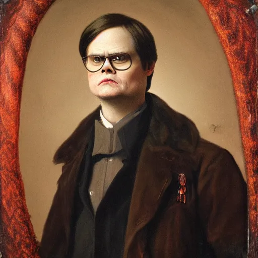 Prompt: portrait of dwight schrute at a halloween party, as painted by augustus edwin mulready and hendrik kerstens