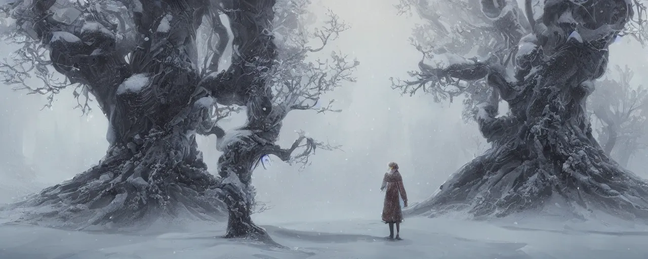 Image similar to a painting of a person standing in front of a tree in the snow, stunning intricate concept art by senior environment artist, cgsociety, fantasy art, matte painting, storybook illustration